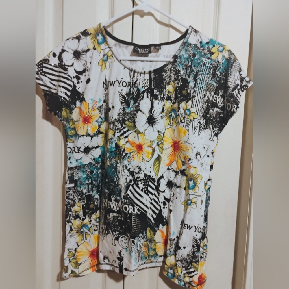 Onque Casuals Vibrant Floral Tee - White, Yellow, Black, Blue